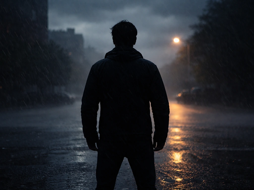 Silhouette of a person standing firm against a stormy wind and rain, symbolizing resilience.