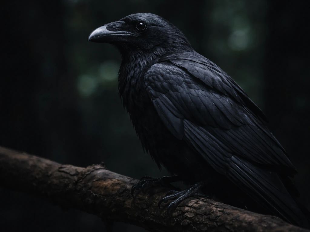 Moody closeup of a raven perched on a branch, dark feathers and soft rim light in a dim forest.