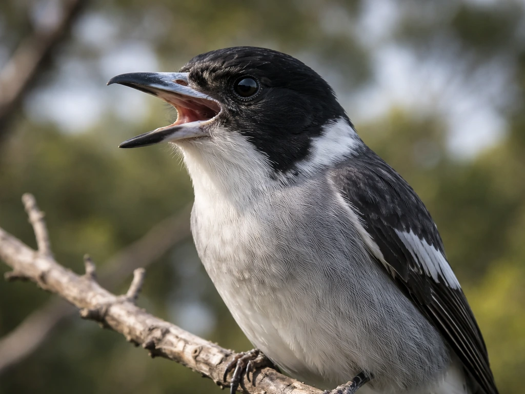 Close-up of a perched butcherbird with beak and throat visible, suggesting it’s calling.
