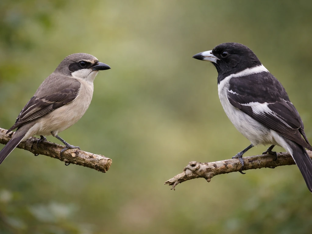 Two different bird species facing opposite directions side-by-side, illustrating “butcherbird” as two groups.