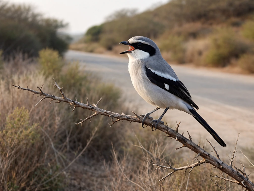 Loggerhead shrike perched on a thorny branch in quiet North American scrubland, hunting stance visible.