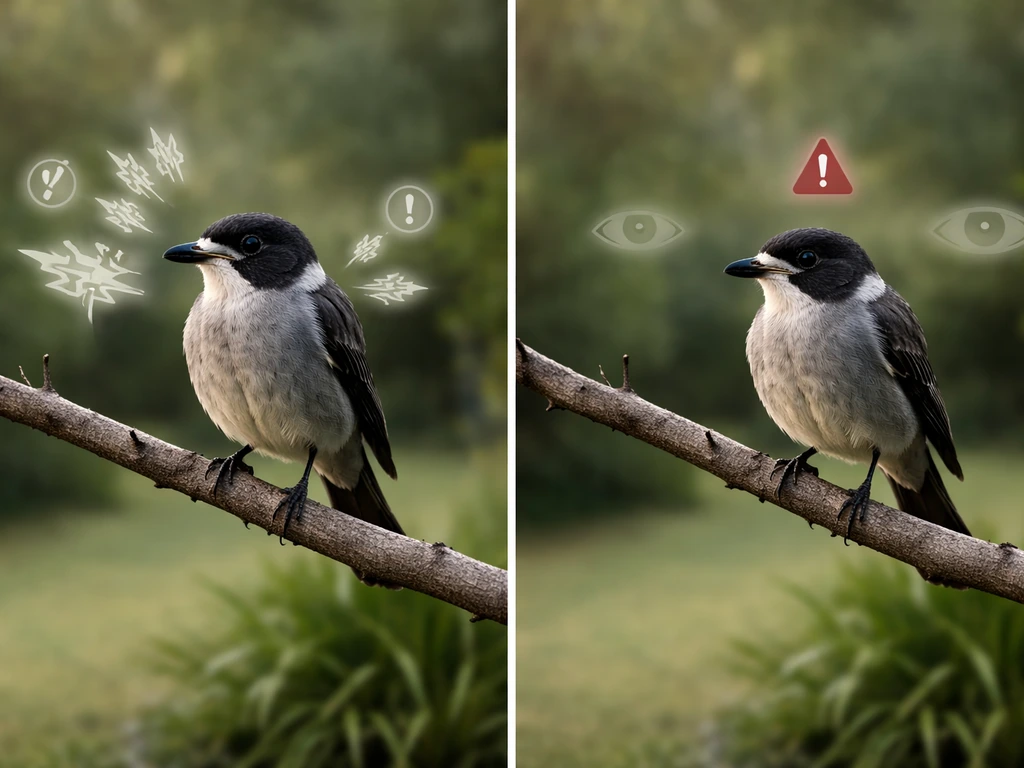 Butcher bird on a quiet branch with two-way split overlay icons for threat cues and harsh repeated sounds.