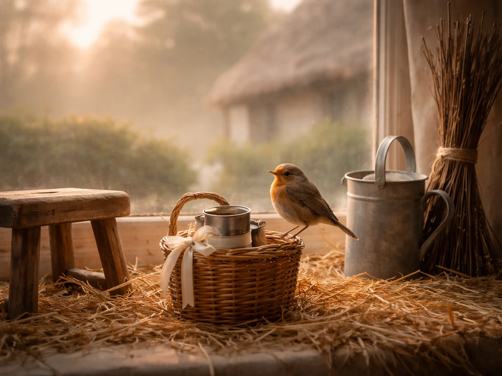 Whimsical cottage window with a tiny bird near a small wicker milk pail and folk milking props