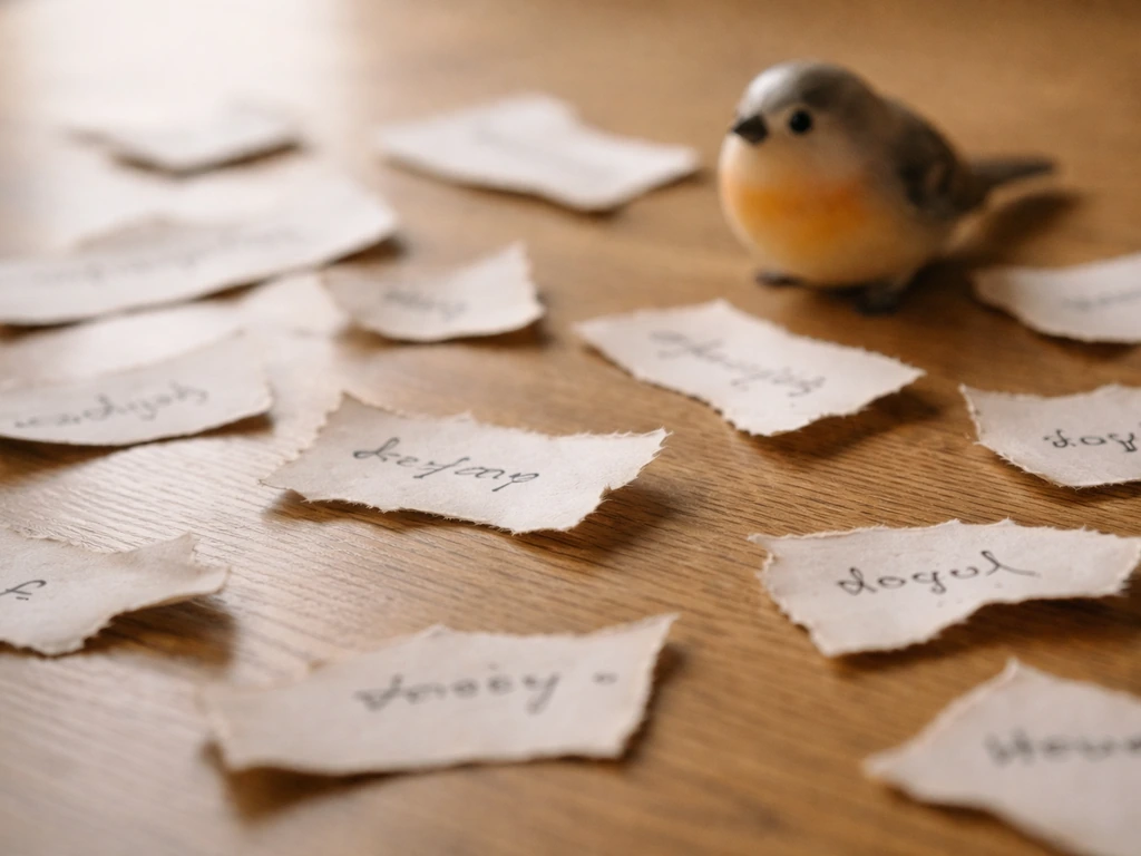 Close-up of scattered nursery-rhyme style phrase cards on a table, with a small toy bird suggesting mishearing