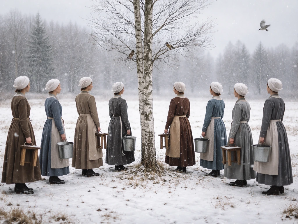 Eight anonymous maidens milking in a snowy winter landscape with birds nearby in a Christmas vibe.