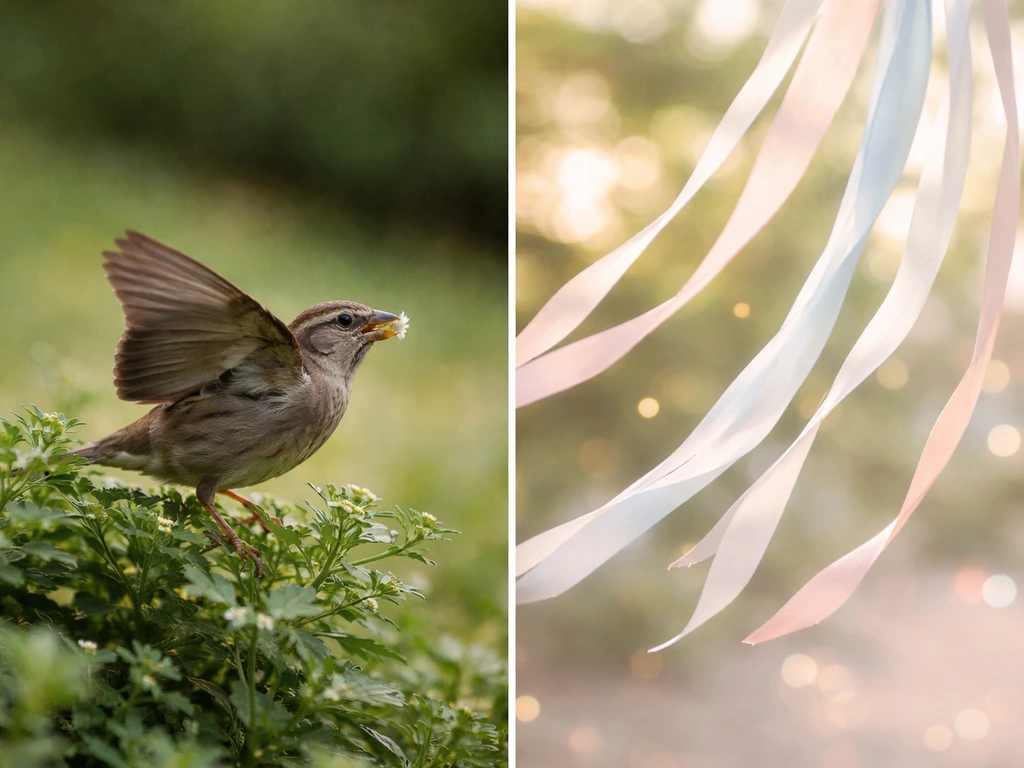 Split image: a small bird chase on the left and fluttering ribbons suggesting an elusive figurative meaning on the right