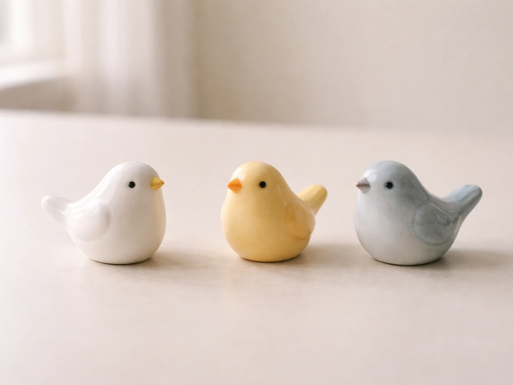 Minimal desk scene with three small ceramic bird figurines, hinting at three different “bird” meanings.