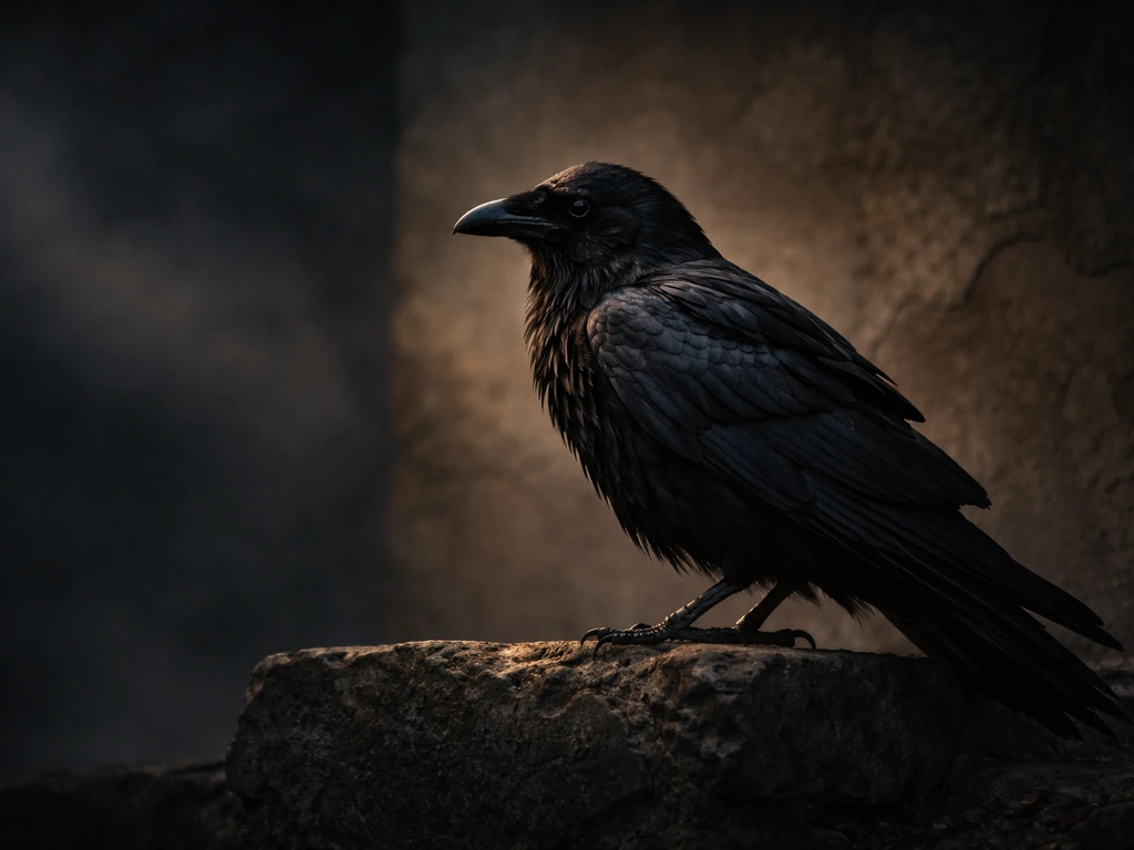 An ominous crow perched on a weathered stone ledge in moody dusk light, evoking an unclean symbol.