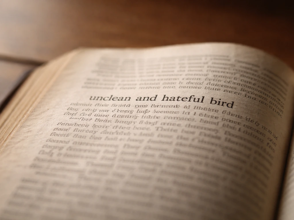 Close-up of an open old Bible page, highlighting the phrase “unclean and hateful bird”.