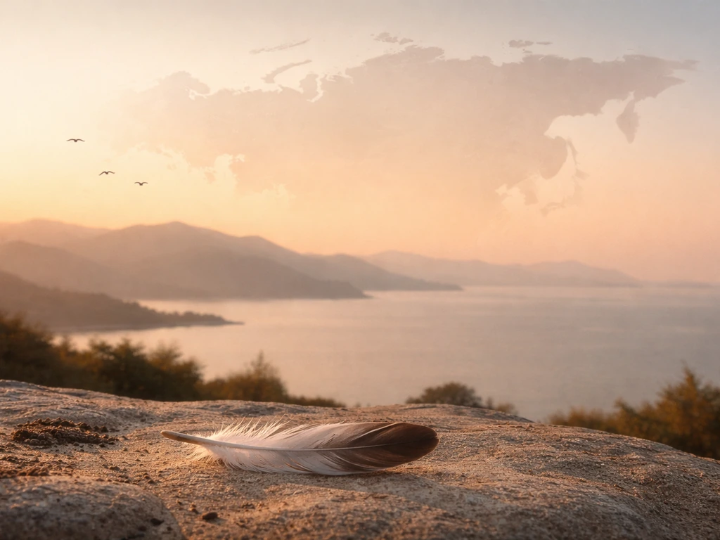 Golden-hour Europe–Asia landscape with a feather-shaped abstract overlay and a few distant bird silhouettes.