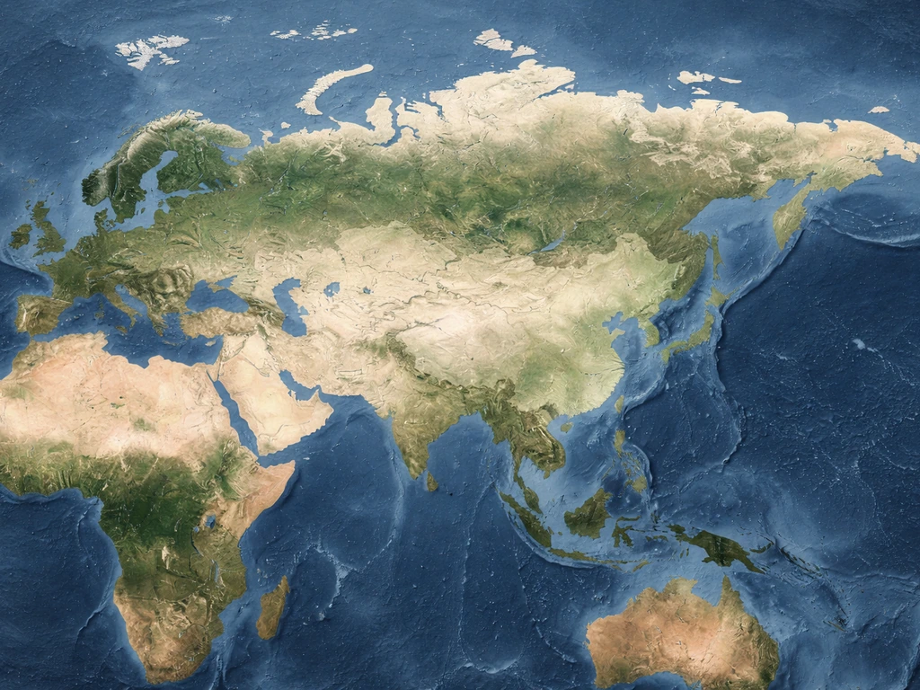 Satellite-style map centered on Europe and Asia with a subtle highlight spanning Eurasia.