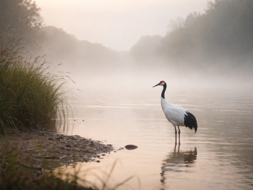 An Eastern crane on a quiet riverbank at dawn with mist and soft, minimal background.