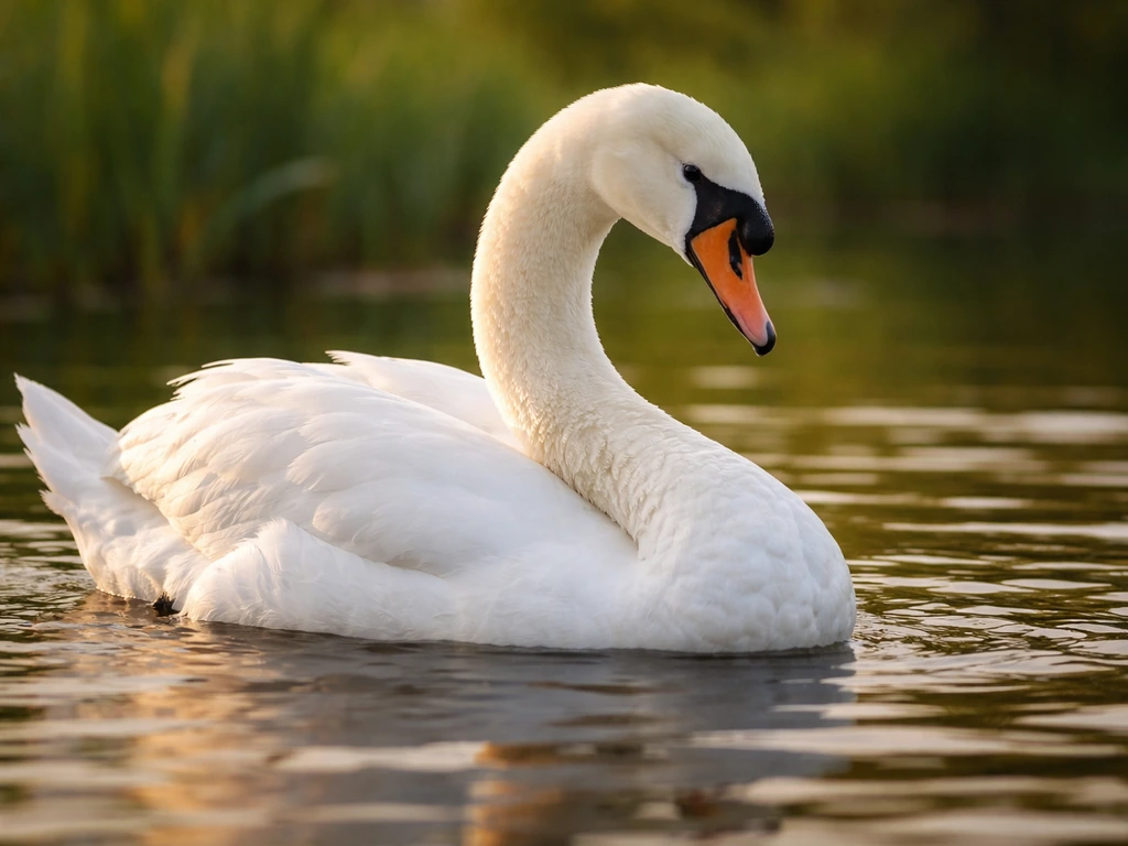 Close-up of a mute swan resting on a quiet pond with soft water ripples at golden-hour light.