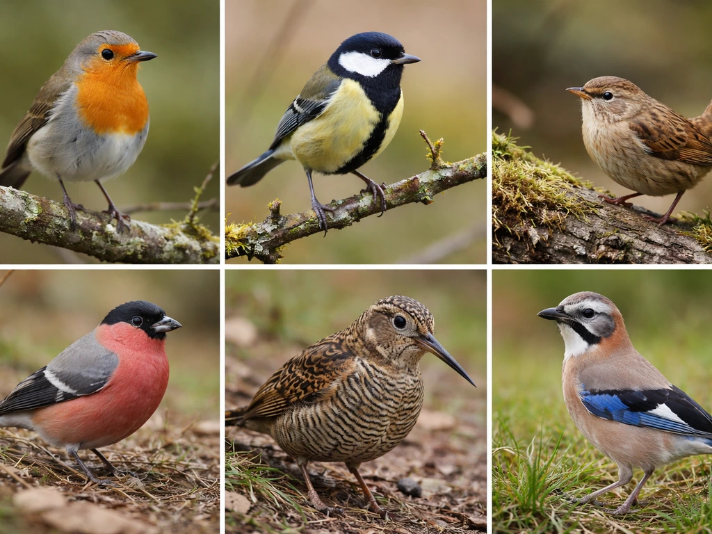 Collage of 5 Eurasian birds in separate natural panels, showing different beak and plumage cues.