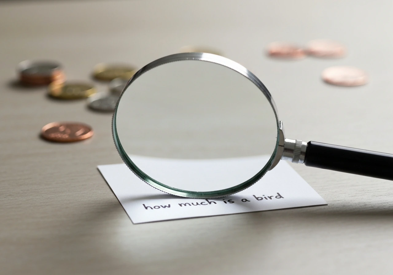 Magnifying glass over handwritten phrase about value, with subtle coin-like bokeh in the background.