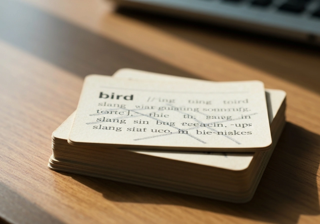 Close-up of word cards with “bird” showing several blurred slang meanings crossed out softly