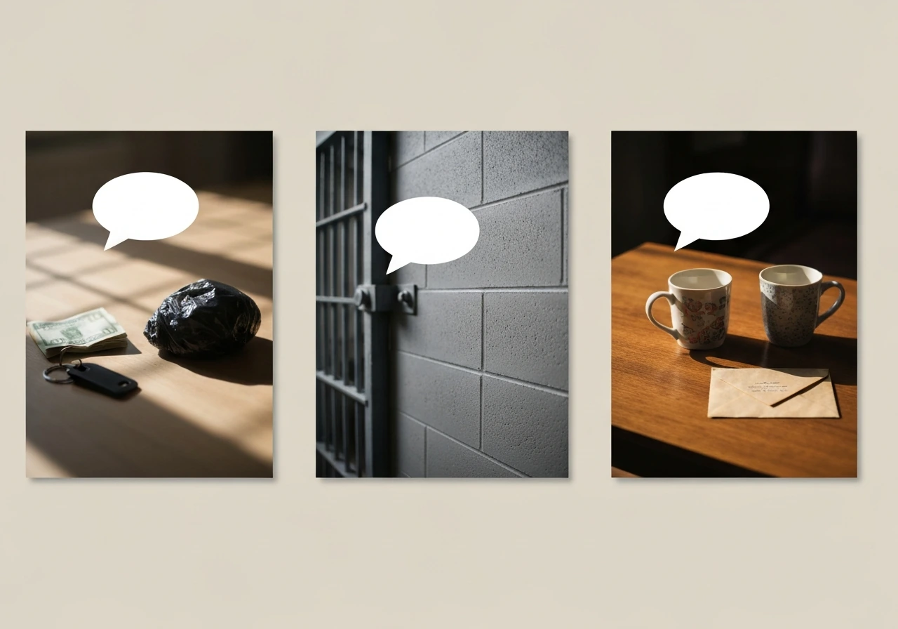 Minimal montage-style photo scene showing three anonymous quote-bubble moments: money/drugs, prison time, and a relation