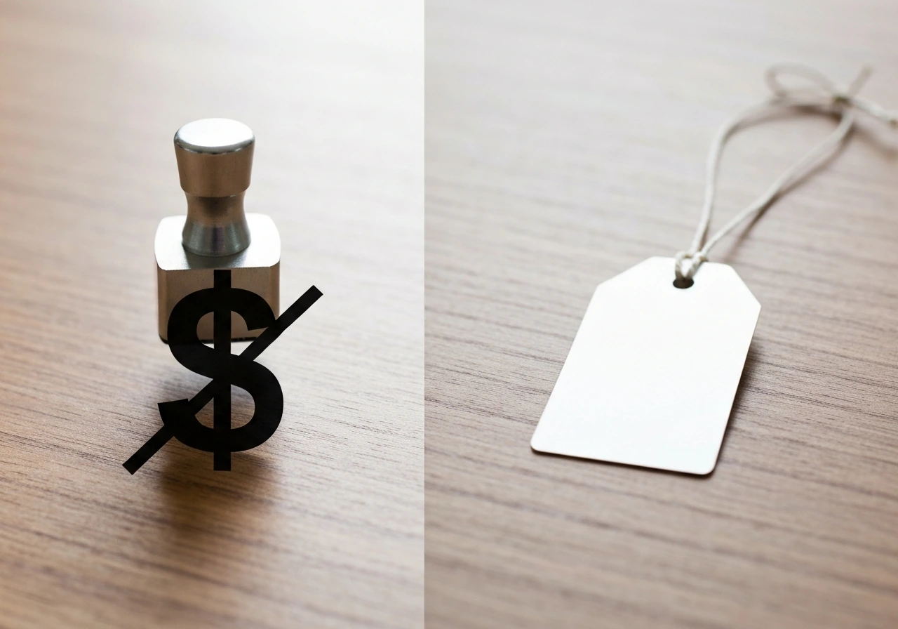 Minimal desk scene with a crossed-out dollar sign next to an empty price tag, symbolizing fixed vs context value