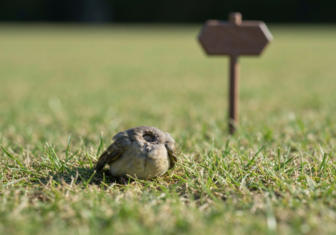 Headless dead bird carcass on grass, emphasizing the “meaning” people speculate about.