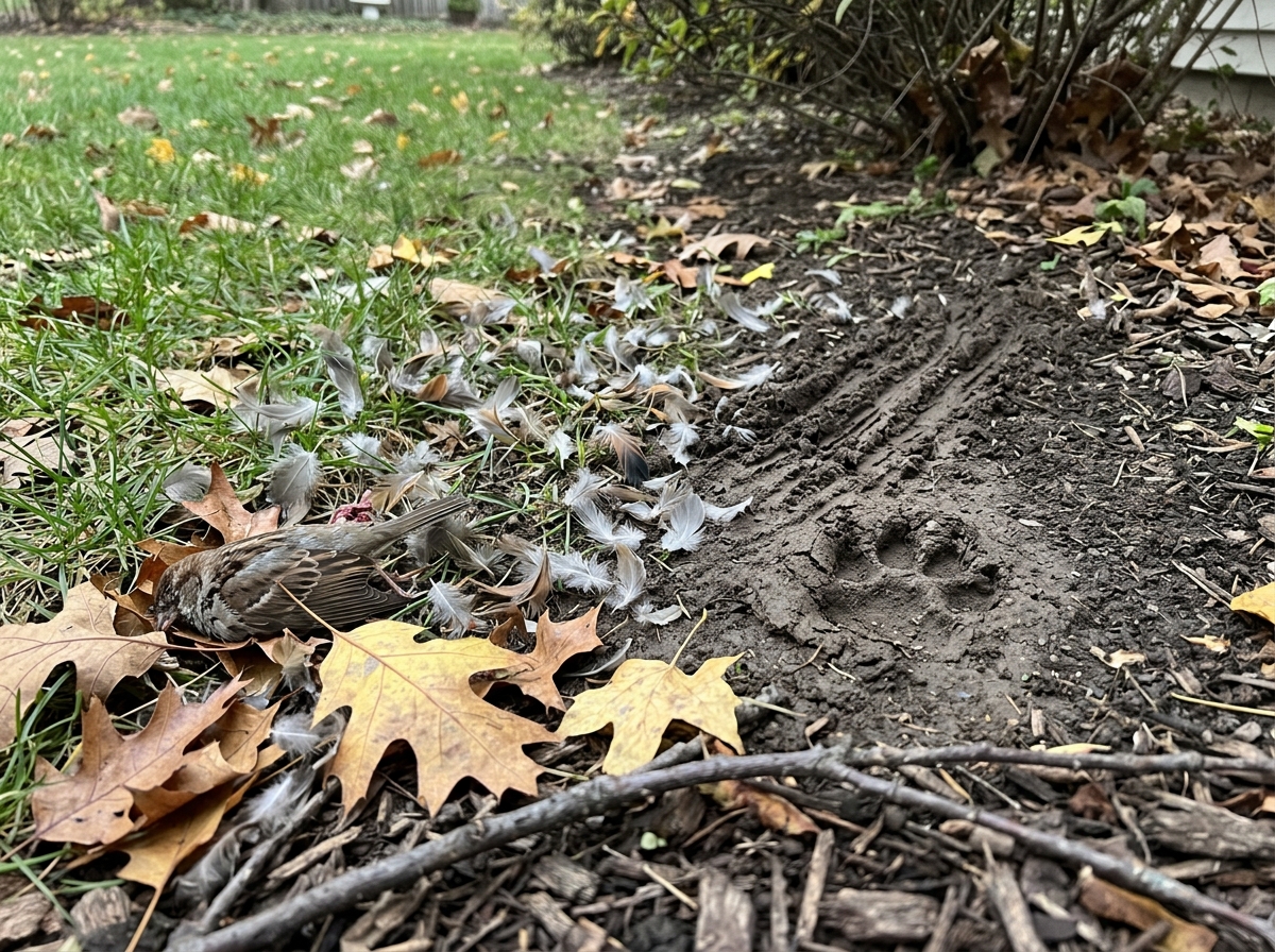 Grass and leaf evidence around a headless bird suggesting predation/scavenging.