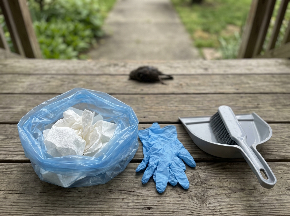 Gloves, bag, and tools laid out for safe cleanup of a dead bird.