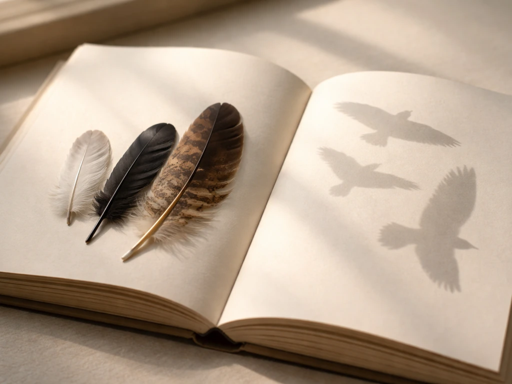 Open book with a small arrangement of feathers and simple bird silhouettes on the pages, symbolizing bird meaning.