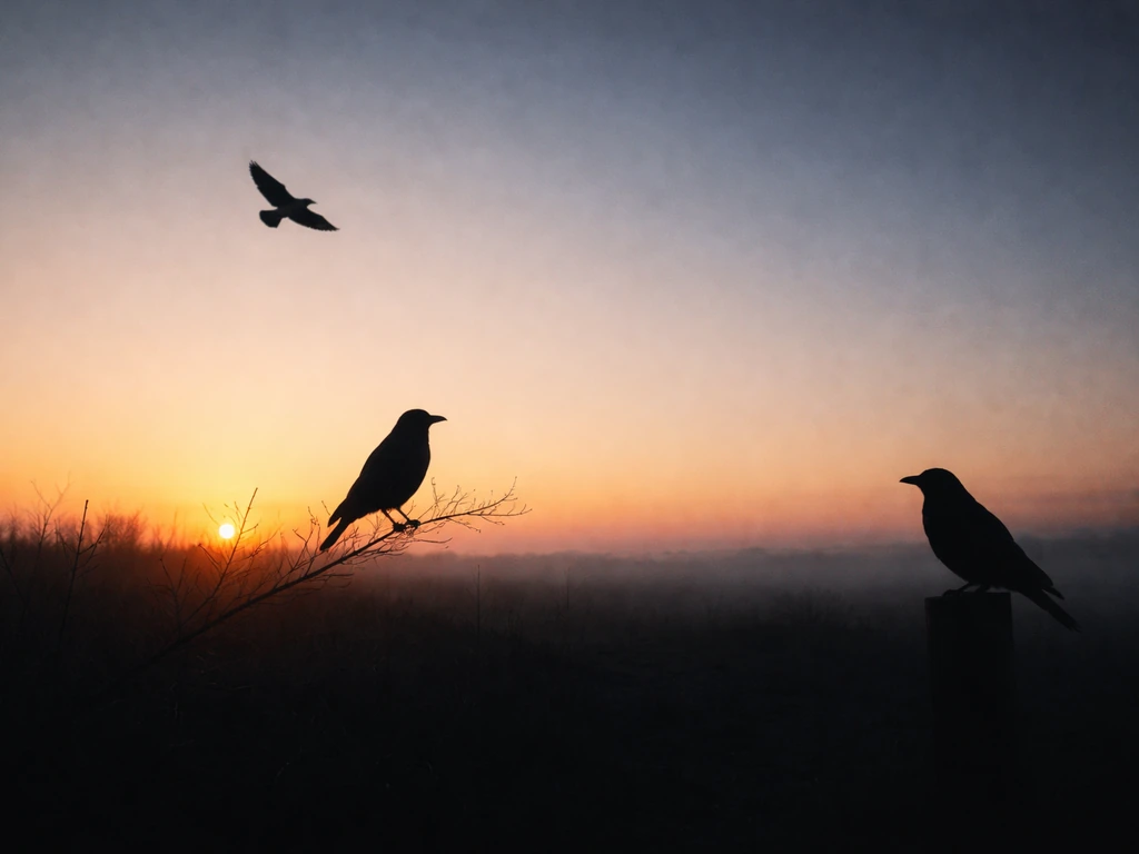 Three bird silhouettes in one minimal frame: flight for freedom, perched at sunrise for renewal, and shadow for omens