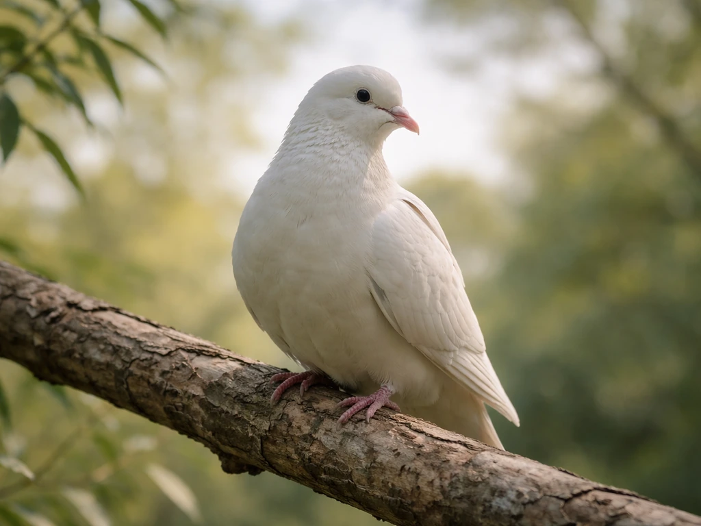 White dove perched on a small branch in soft light, calm and peaceful mood