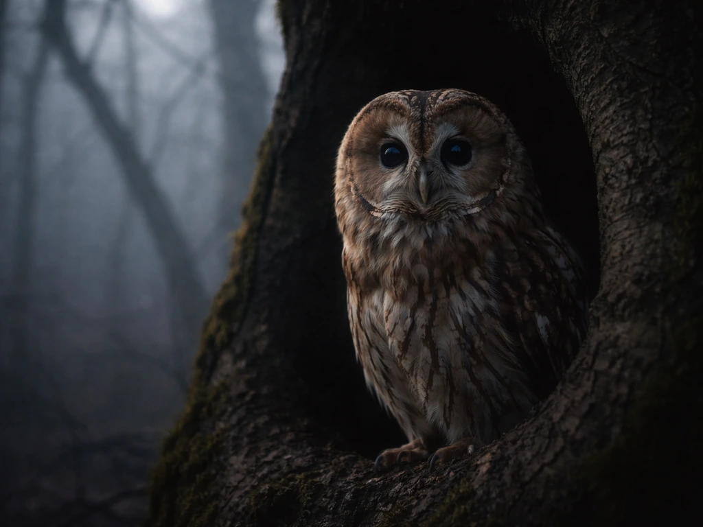 A moonlit owl perched by a dark tree hollow in a misty forest at night.