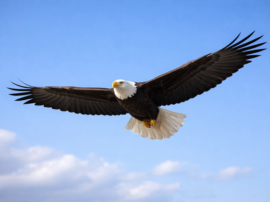 Majestic eagle soaring with wings spread over open blue sky