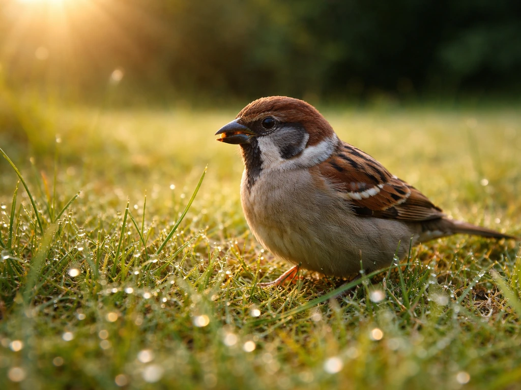 A small sparrow perched on dewy grass at dawn, early morning light suggesting it found food first.