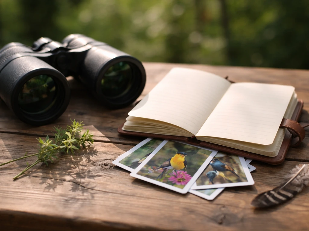 Binoculars and a bird field notebook with bird photos on a wooden table in natural light