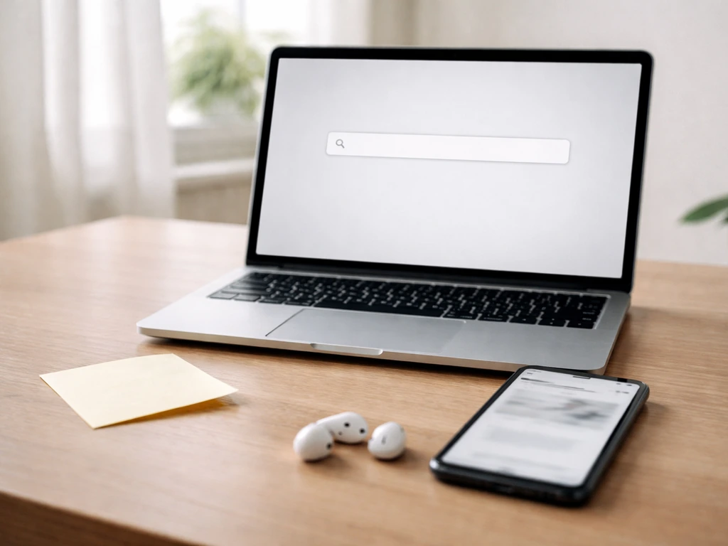 Minimal desk with laptop and phone suggesting a missing search match and nearby related-term cue, no readable text.
