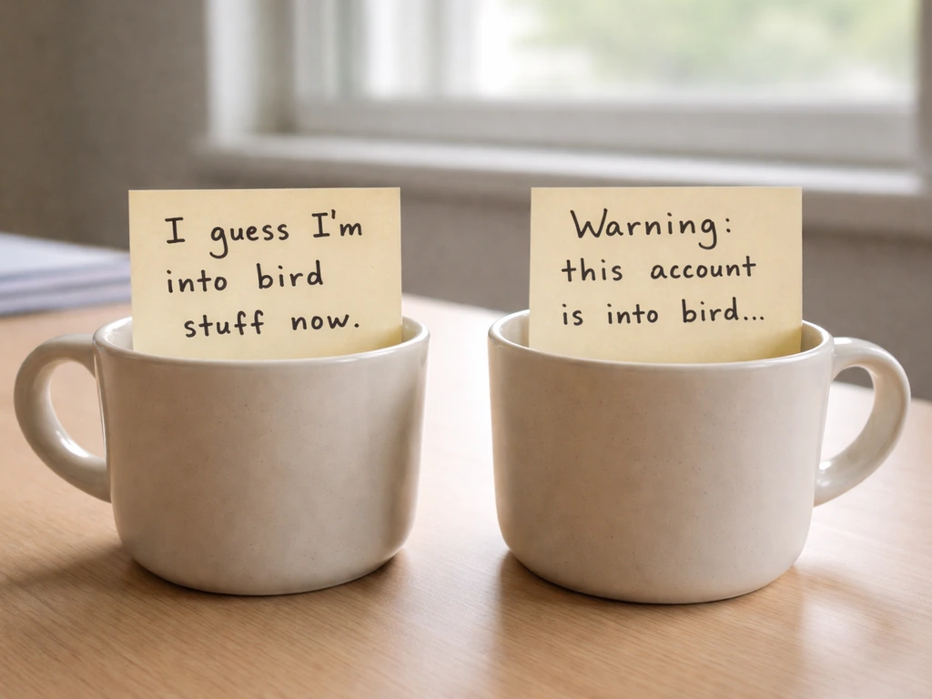Two sticky notes on a wooden desk with handwritten example sentences about bird content.