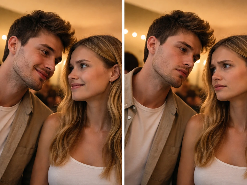 Split image of two contrasting party reactions: playful flirting vs dismissive insult tone.