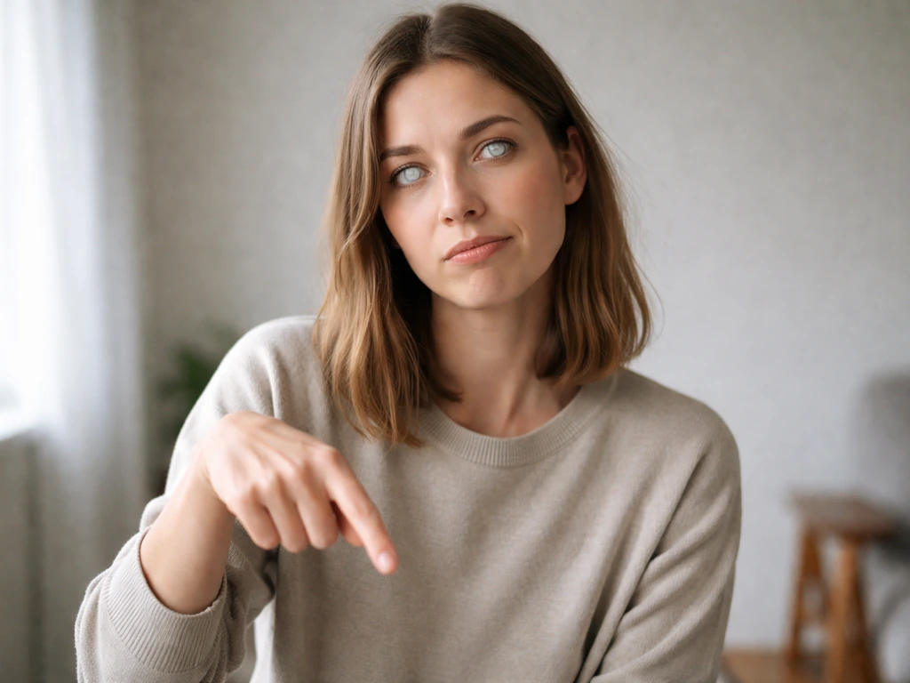 Woman in a plain room rolls her eyes and dismisses someone off-frame, signaling contempt and dismissal.