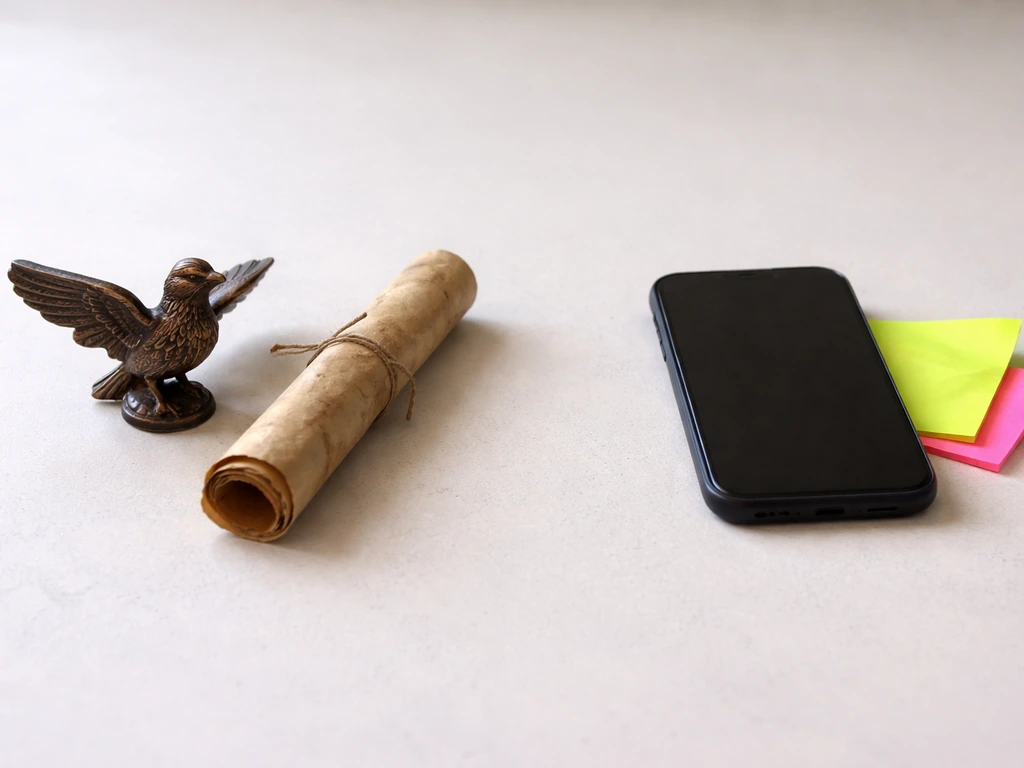 Minimal tabletop split: classical winged bird figurine and a phone with blank screen and blank sticky notes.