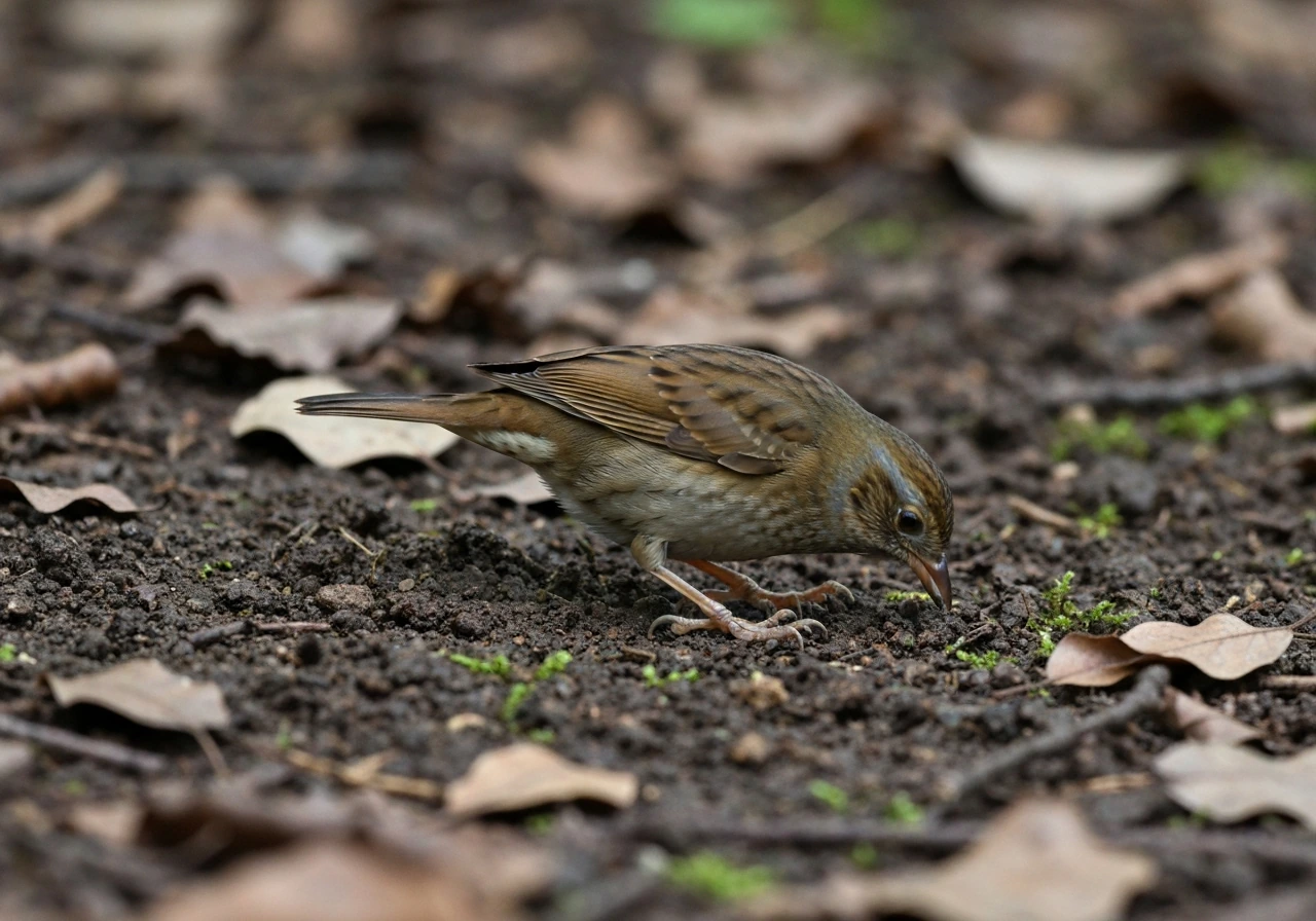 A small brown bird foraging in soil and leaf litter on the forest floor, head down and pecking.
