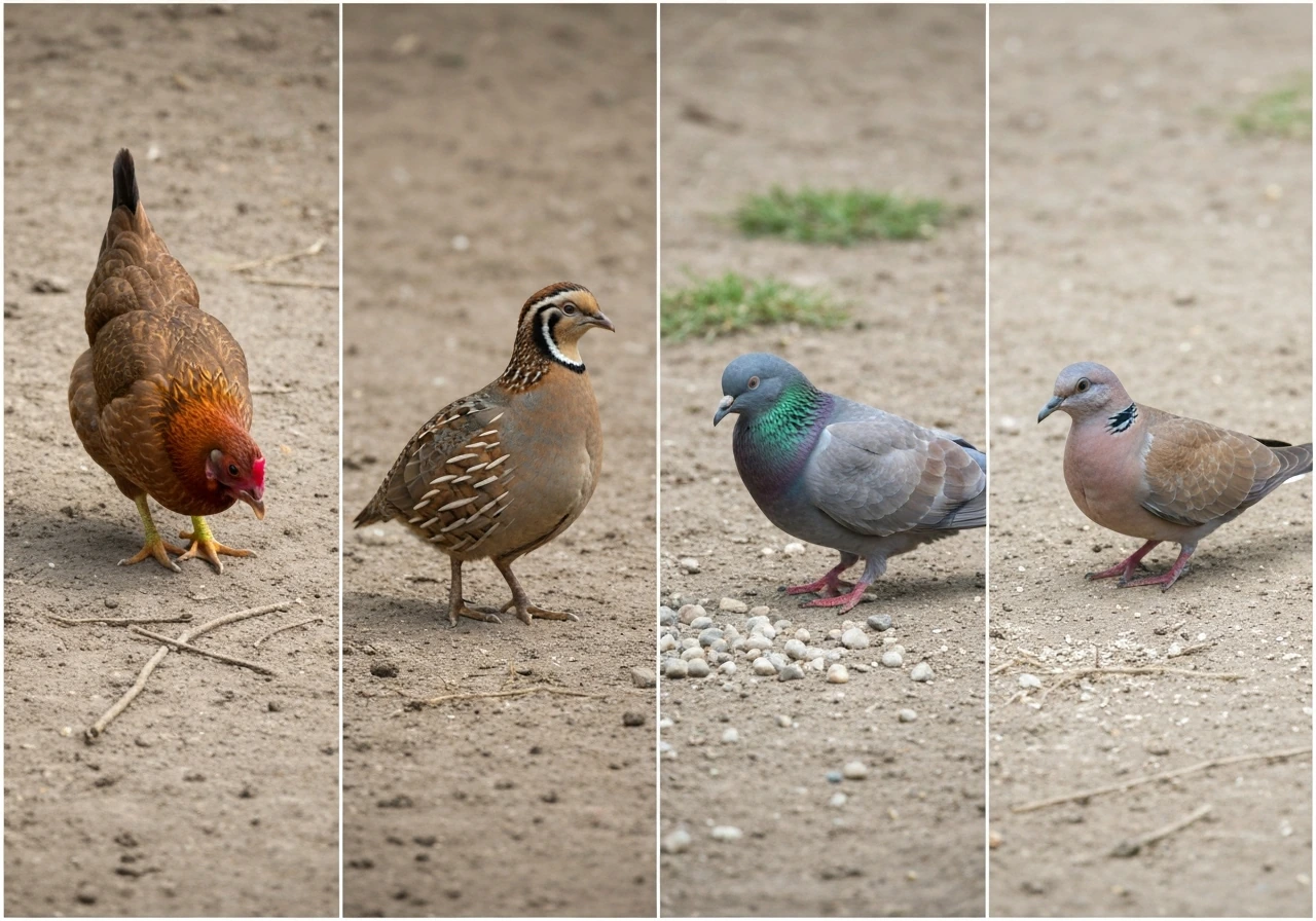 A minimal collage of grounded birds—chicken, quail, pigeon, and ground dove—showing their ground-feeding behavior.