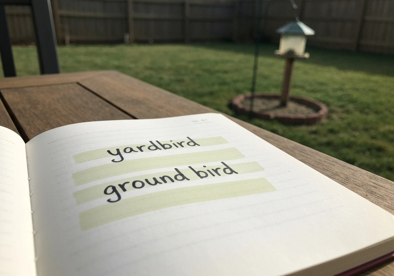 Handheld journal page with highlighted notes about yardbird/ground bird beside a small grass-and-feeder scene