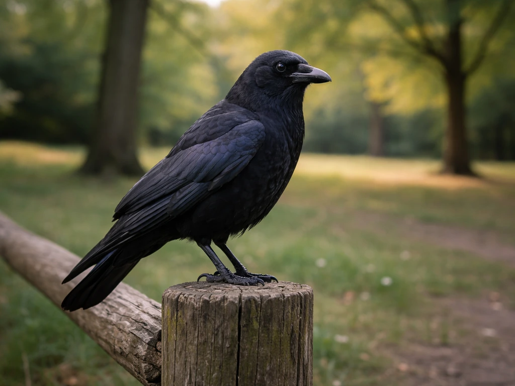 A black crow perched on a wooden fence in a quiet park, softly lit by natural late-afternoon light.