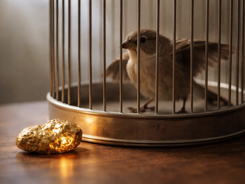 Small bird partly trapped in a cage with a glowing golden nugget lure nearby.