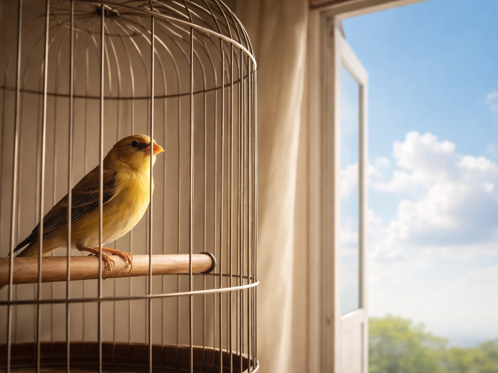 A small bird in a cage beside an open window with bright sky beyond, symbolizing captivity vs escape.