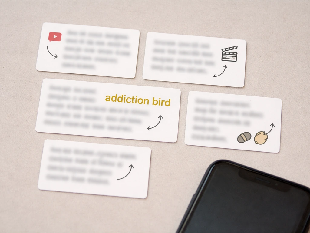 Minimal collage of blurred phrase fragments around “addiction bird,” with clear arrows to contextual clue words.