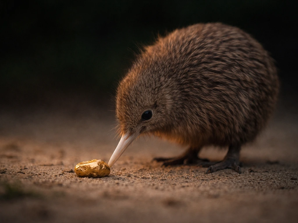 A kiwi bird perched on sandy ground beside a single golden nugget, about to eat it.