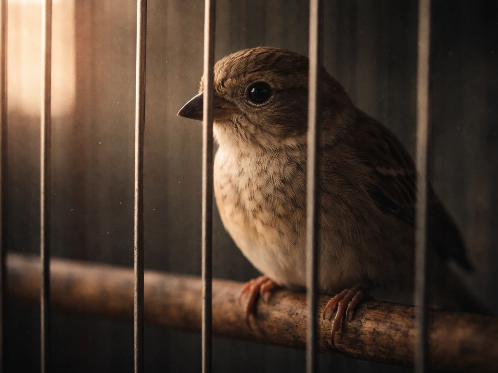 A small bird perched behind thin metal cage bars in dim, moody light.
