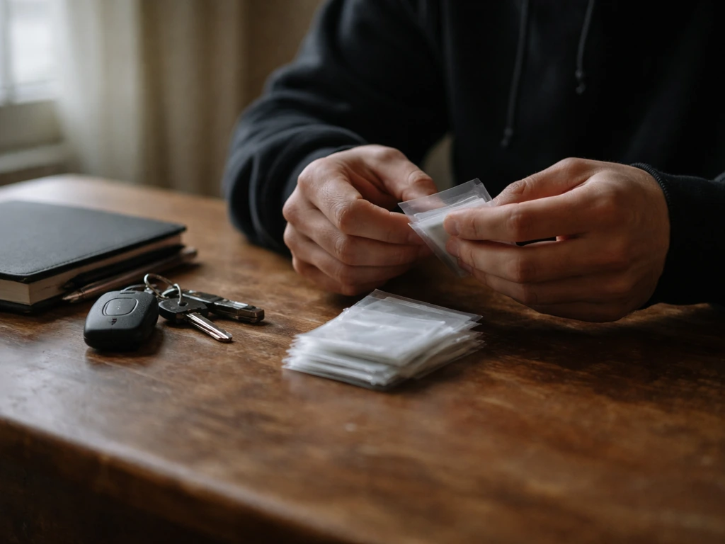 Anonymous hands counting plain baggies on a wooden table under natural light.