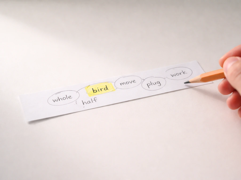 Minimal desk scene with “bird” highlighted and nearby slang words circled on a paper strip.