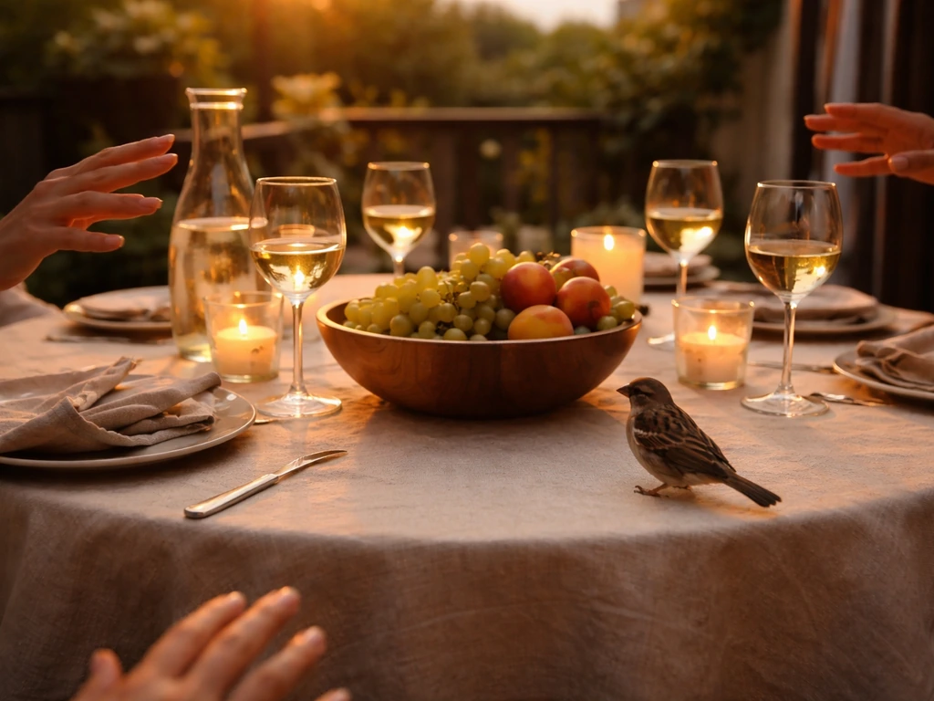 A small bird perched at a dinner table as guests react, suggesting the “bird in the punch bowl” disruption.