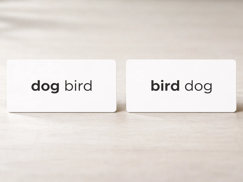 Two side-by-side mock cards: “dog bird” on the left and “bird dog” on the right, on a desk.